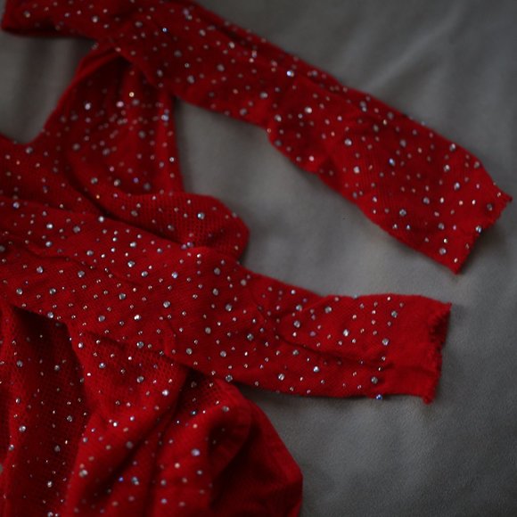 NWOT Red Rhinestone Fishnet Bodysuit. - Picture 6 of 8